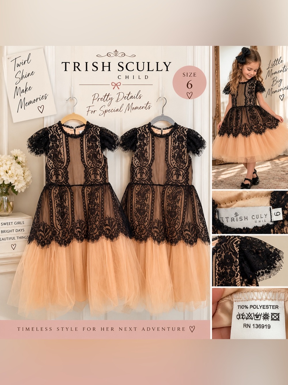 Trish Scully Child Black Lace Peach Tulle Dress Size 6 – Matching Dresses Availa